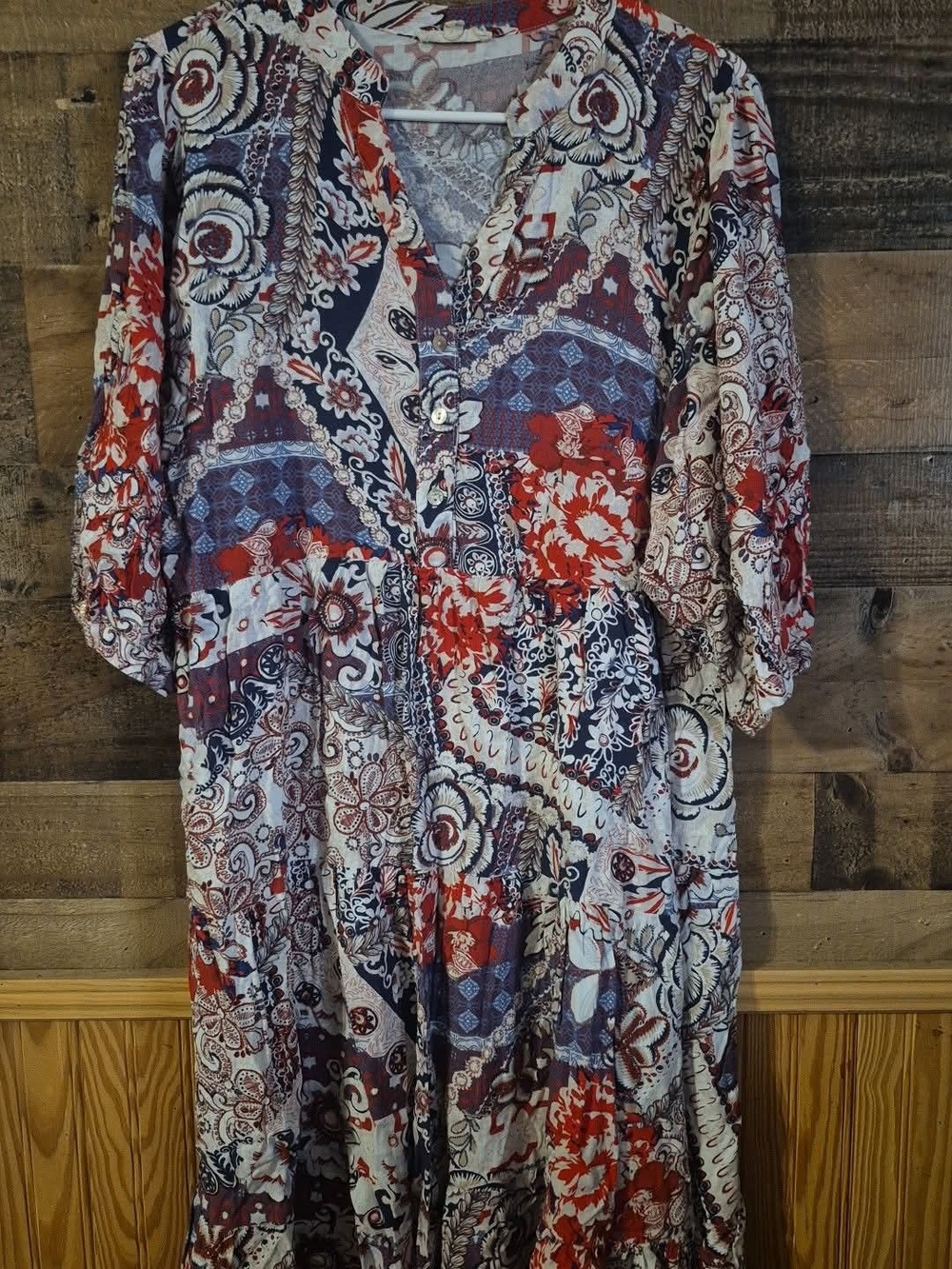 Paisley Floral Midi Dress in Red, Navy & Cream